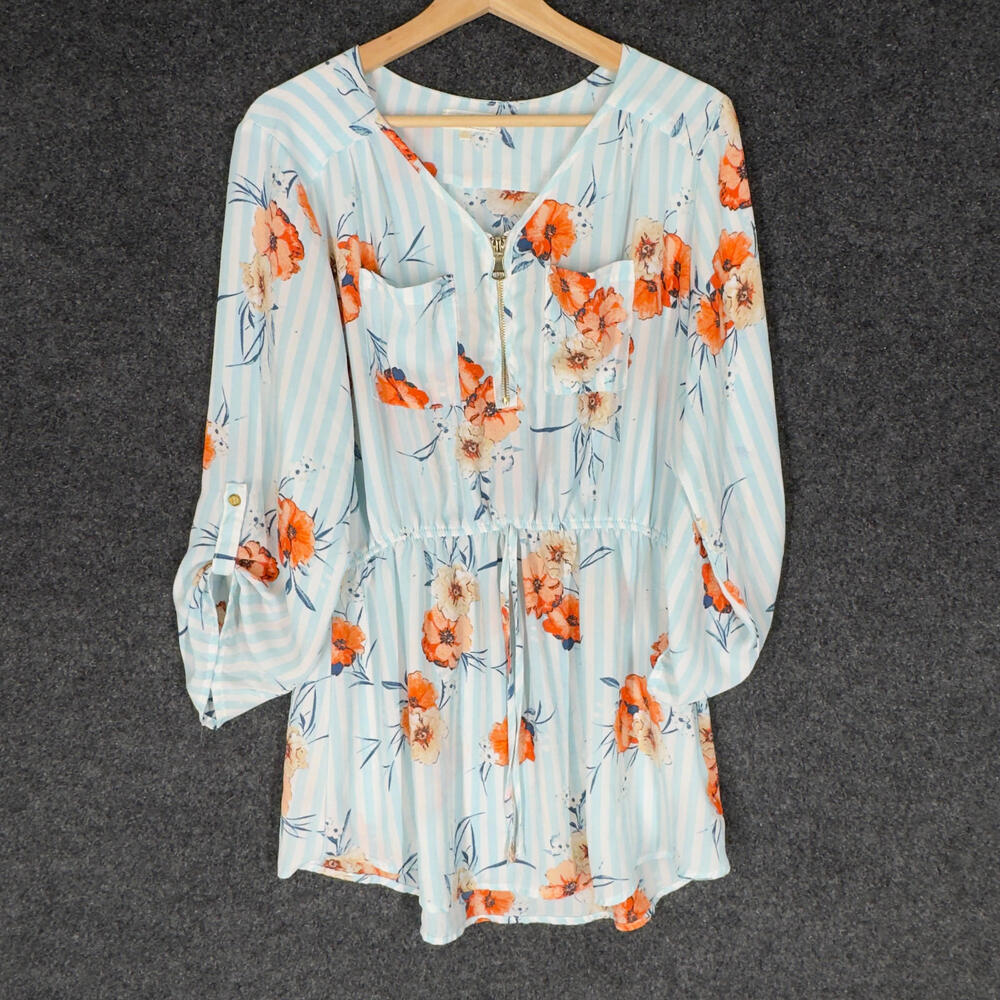Stella Tweed Blouse Women XL Blue Floral V-Neck Zipper 3/4 Sleeve Pockets Casual